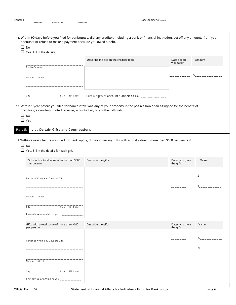 Official Form 107 Statement of Financial Affairs for Individuals Filing for Bankruptcy, Page 6