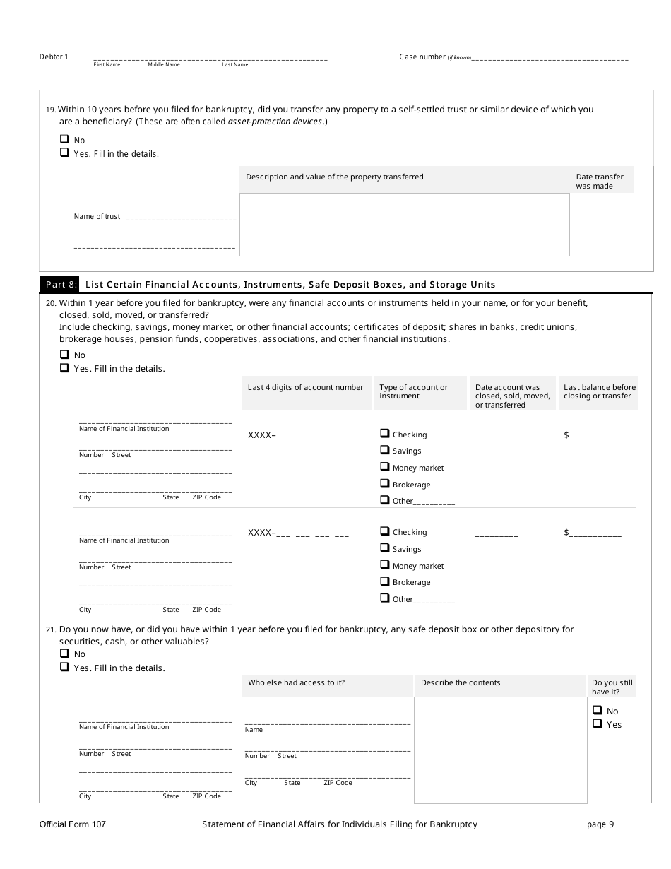 Official Form 107 Statement of Financial Affairs for Individuals Filing for Bankruptcy, Page 9