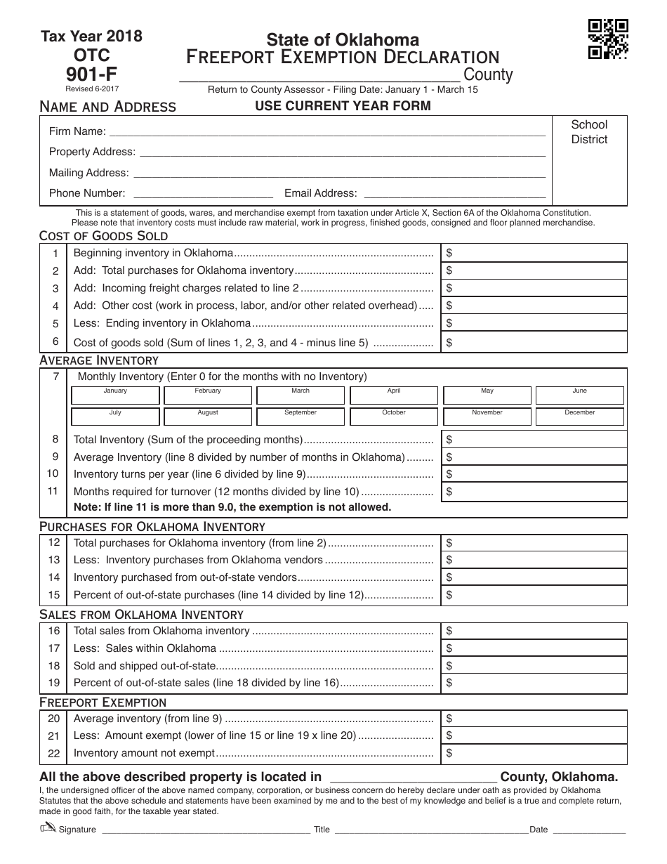 OTC Form OTC901-F Freeport Exemption Declaration - Oklahoma, Page 1