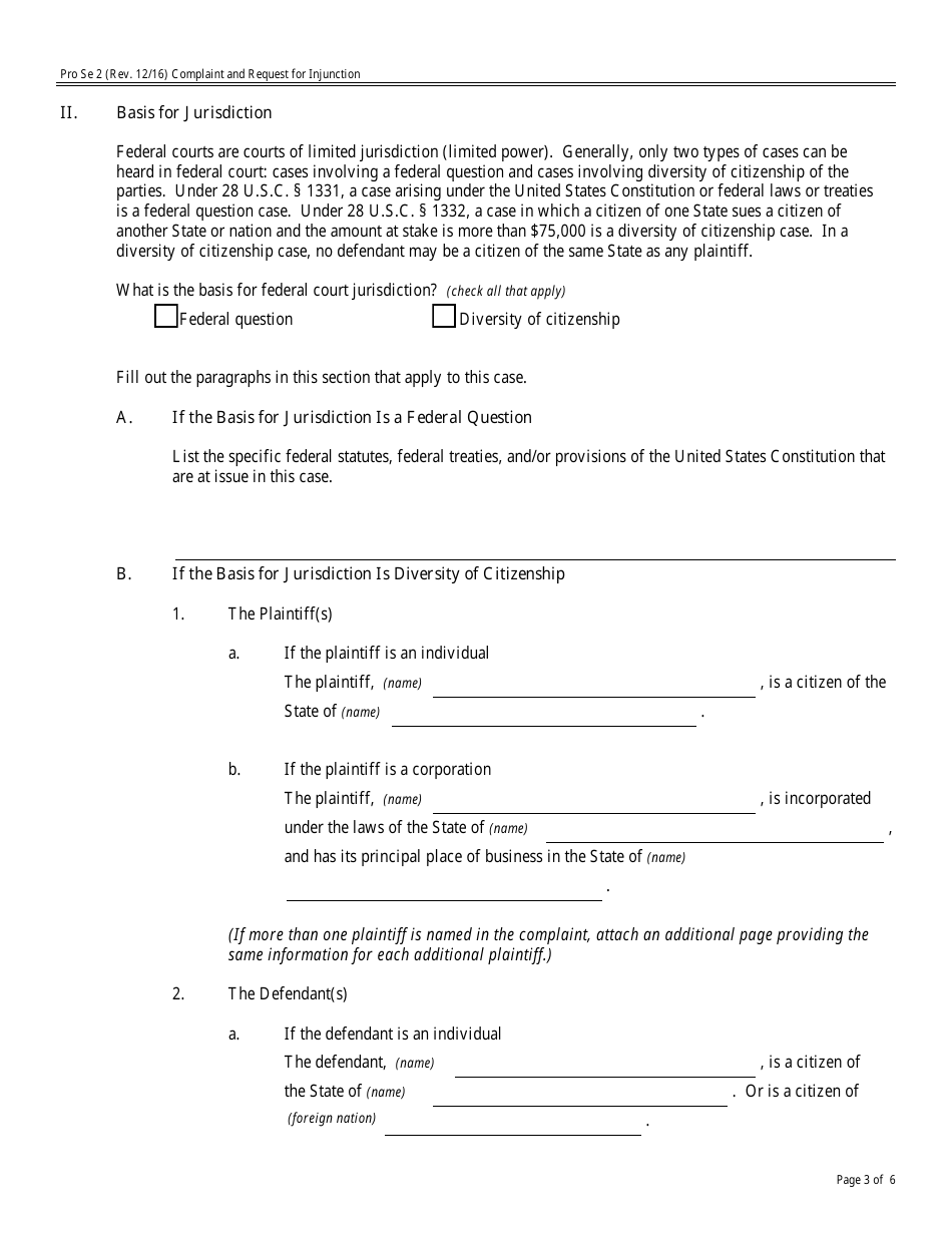Form Pro Se2 Complaint and Request for Injunction, Page 3