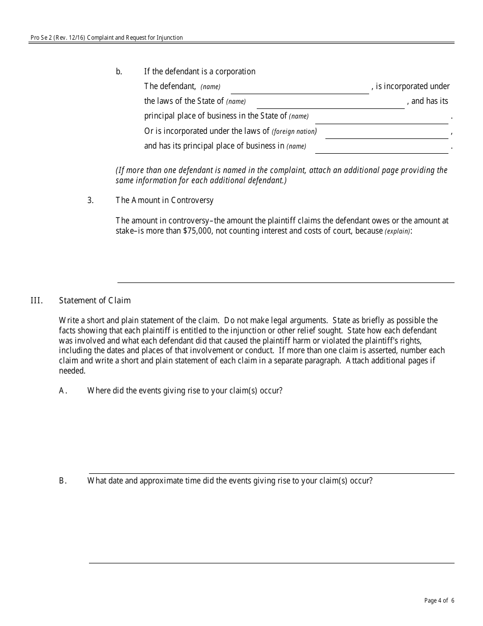 Form Pro Se2 Complaint and Request for Injunction, Page 4