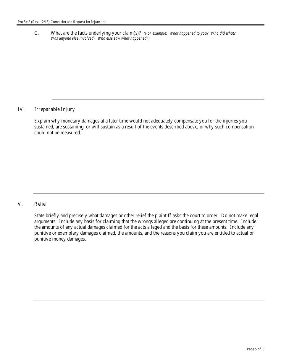 Form Pro Se2 Complaint and Request for Injunction, Page 5