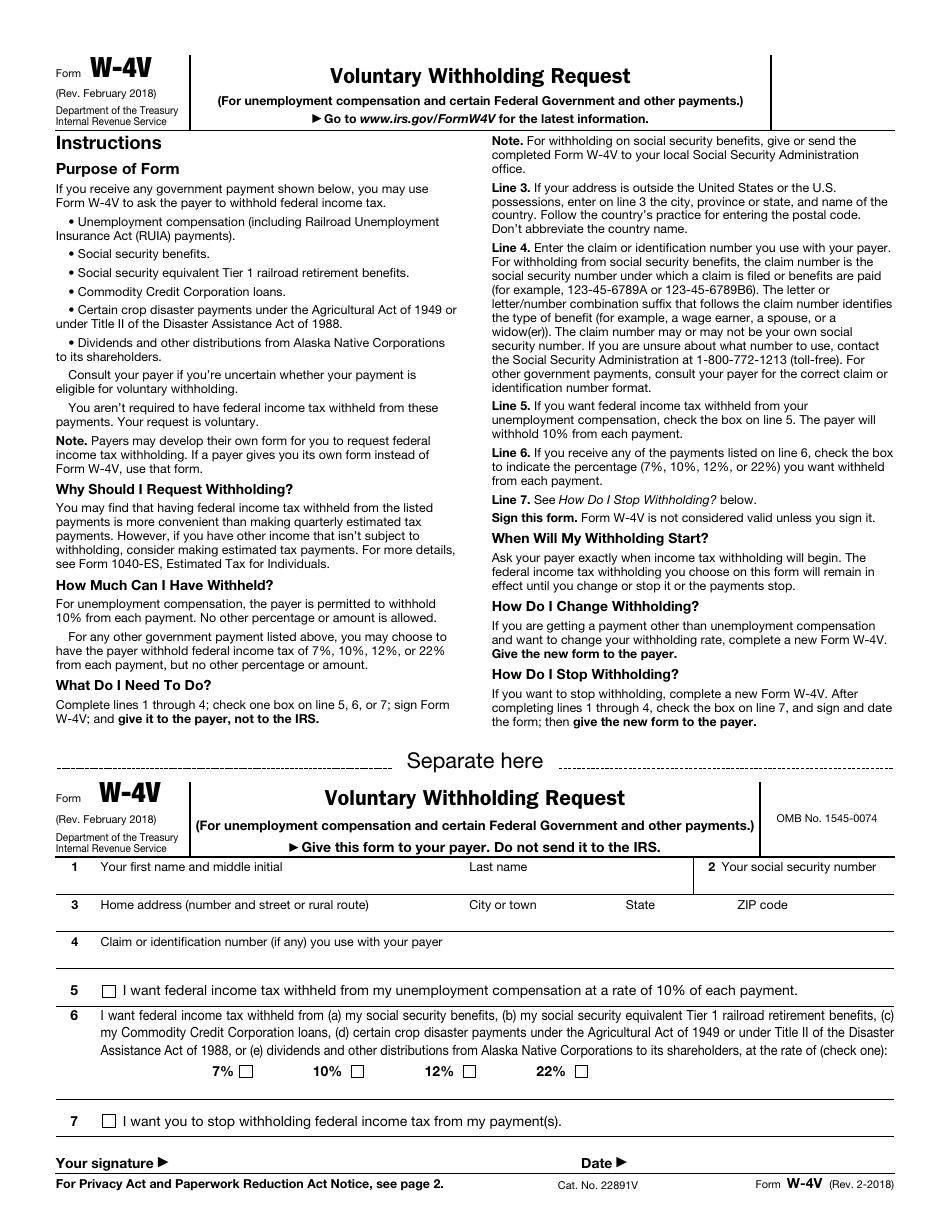 IRS Form W-4V Voluntary Withholding Request, Page 1