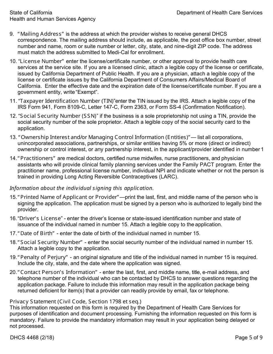 Form DHCS4468 Family Pact Provider Application - California, Page 5