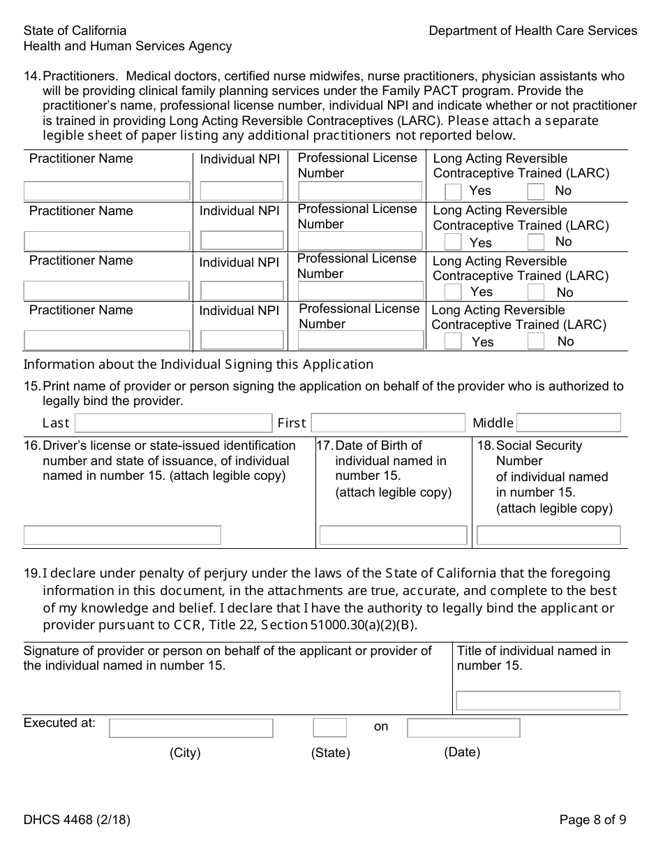Form DHCS4468 Family Pact Provider Application - California, Page 8