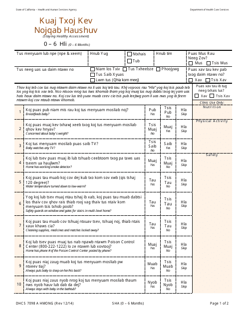 Form DHCS7098 A Staying Healthy Assessment: 0-6 Months - California (Hmong)