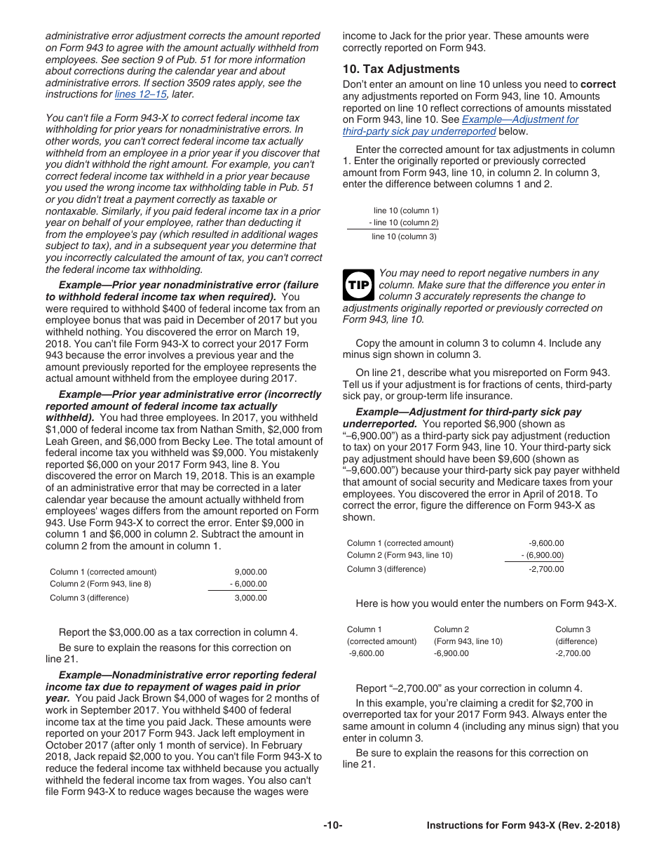 Instructions for IRS Form 943-X Adjusted Employers Annual Federal Tax Return for Agricultural Employees or Claim for Refund, Page 10