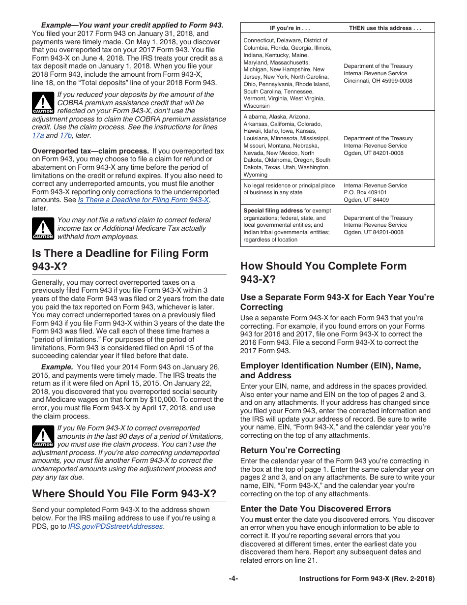 Instructions for IRS Form 943-X Adjusted Employers Annual Federal Tax Return for Agricultural Employees or Claim for Refund, Page 4
