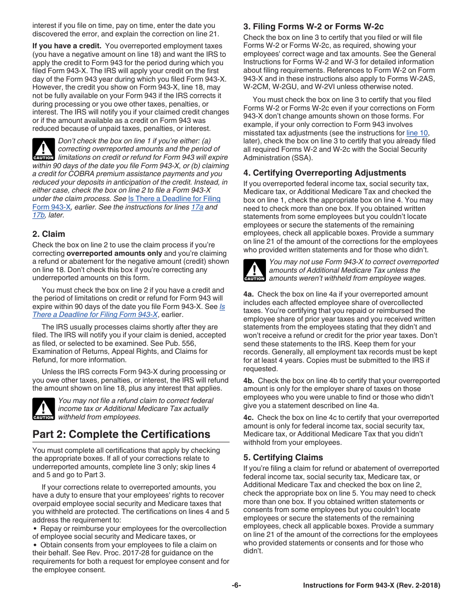 Instructions for IRS Form 943-X Adjusted Employers Annual Federal Tax Return for Agricultural Employees or Claim for Refund, Page 6