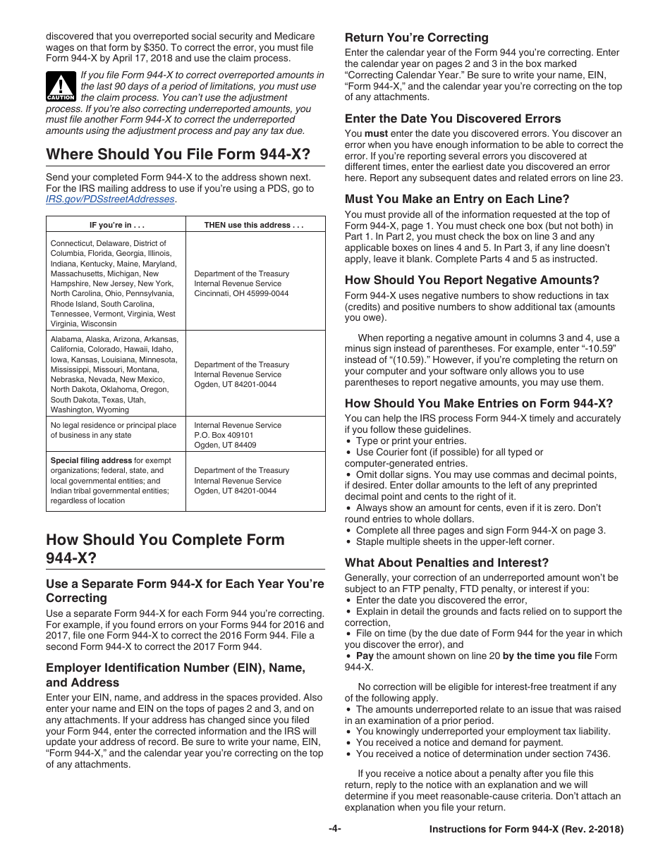 Instructions for IRS Form 944-X Adjusted Employers Annual Federal Tax Return or Claim for Refund, Page 4