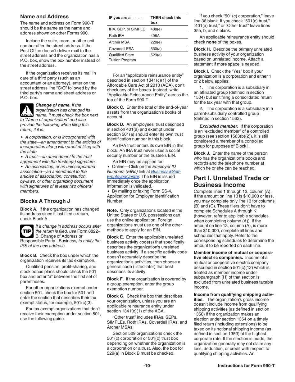 Instructions for IRS Form 990-T Exempt Organization Business Income Tax Return (And Proxy Tax Under Section 6033(E)), Page 10