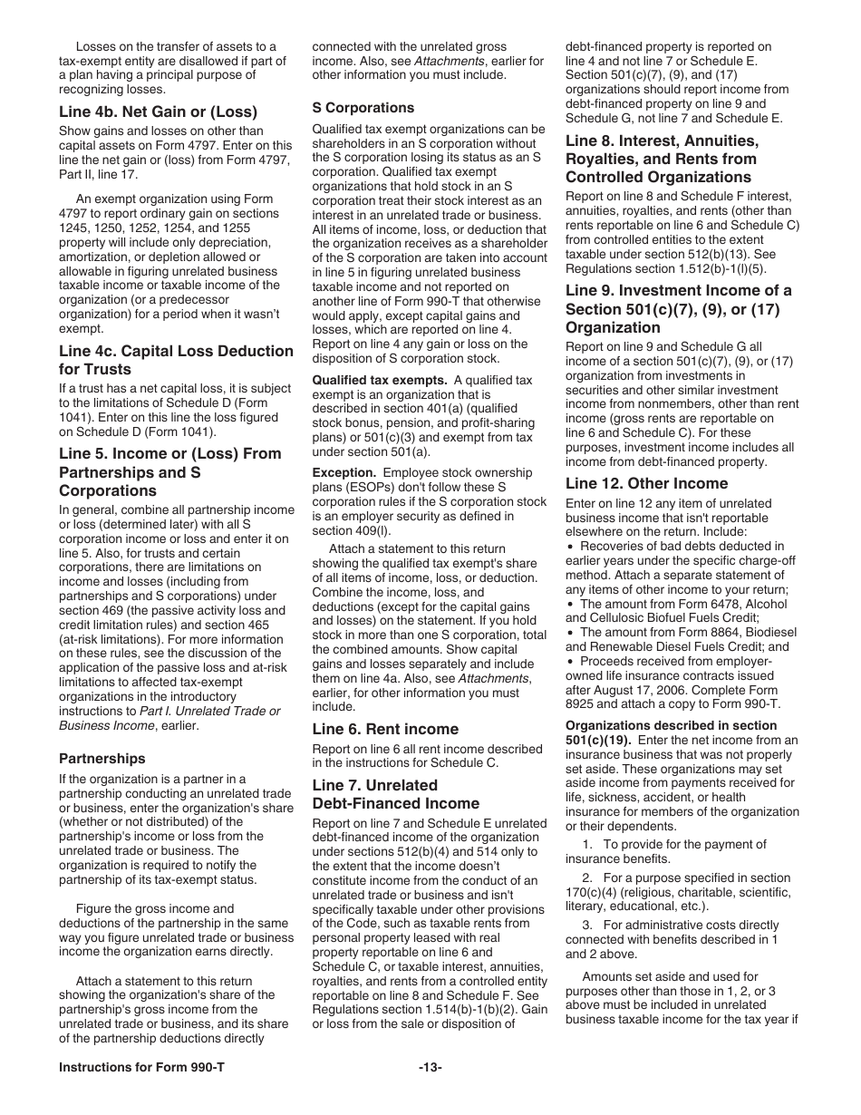 Instructions for IRS Form 990-T Exempt Organization Business Income Tax Return (And Proxy Tax Under Section 6033(E)), Page 13