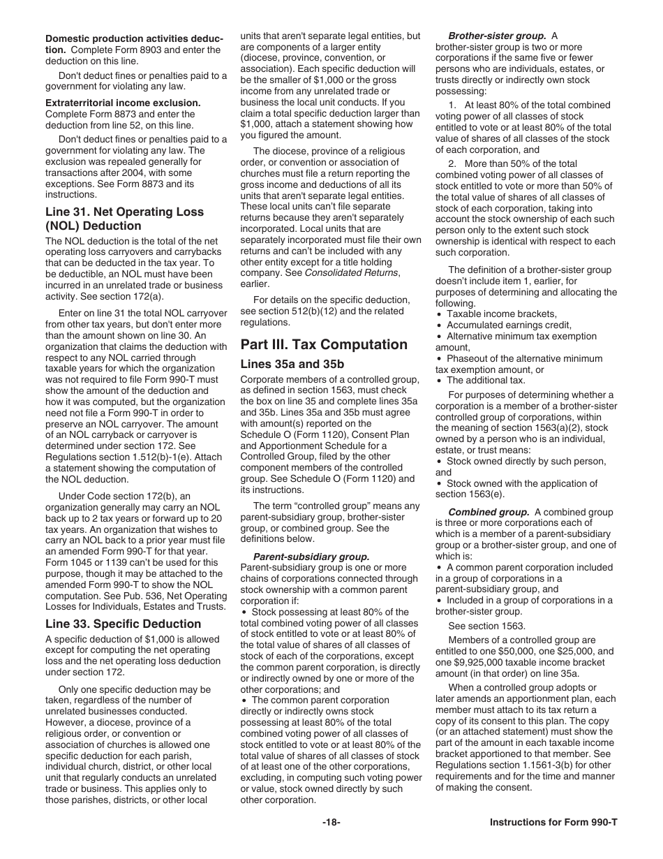 Instructions for IRS Form 990-T Exempt Organization Business Income Tax Return (And Proxy Tax Under Section 6033(E)), Page 18