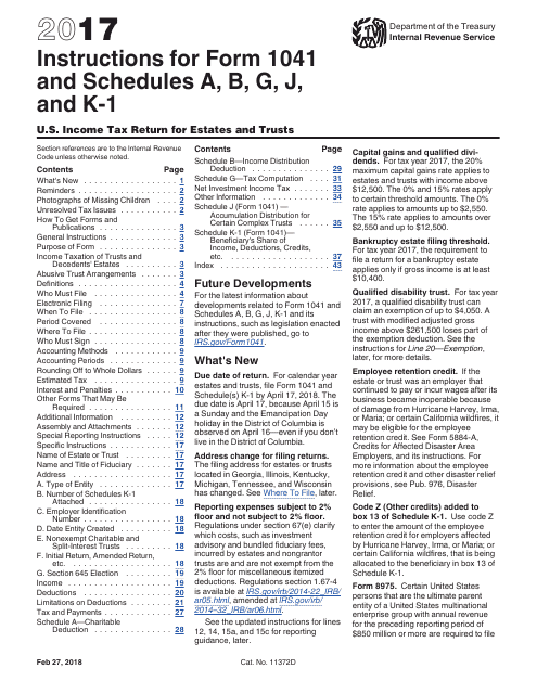 IRS Form 1041 Schedule A, B, G, J, K-1 2017 Printable Pdf