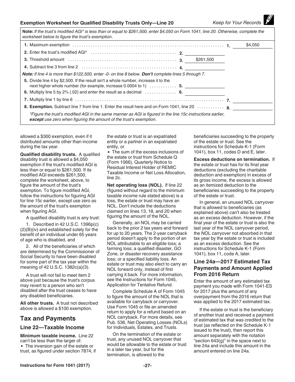 Instructions for IRS Form 1041 Schedule A, B, G, J, K-1 U.S. Income Tax Return for Estates and Trusts, Page 27