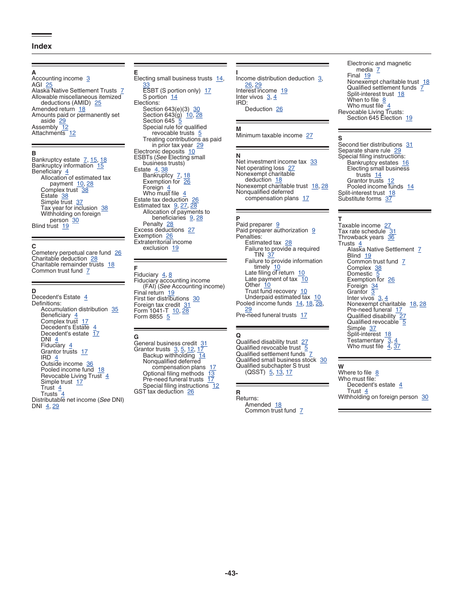 Instructions for IRS Form 1041 Schedule A, B, G, J, K-1 U.S. Income Tax Return for Estates and Trusts, Page 43
