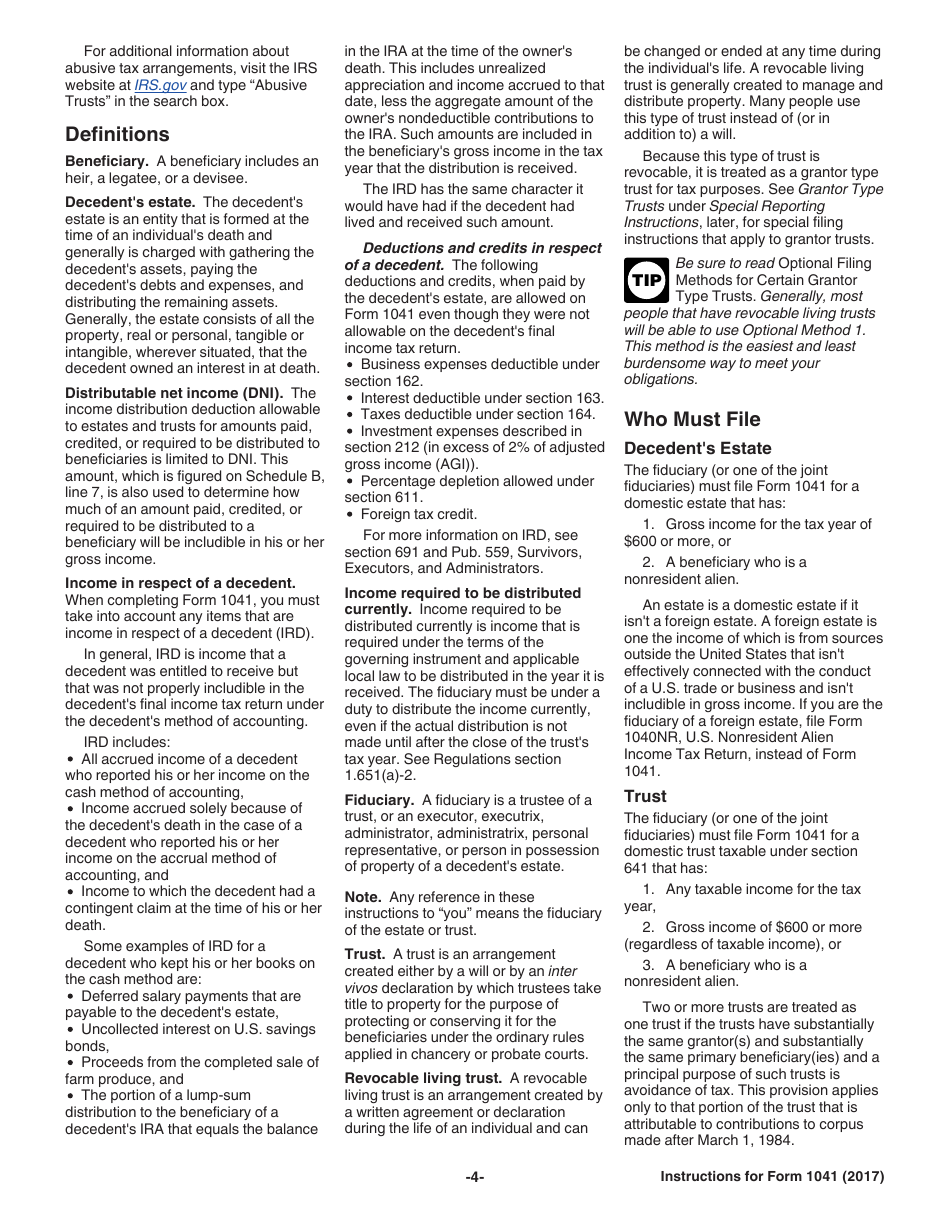 Instructions for IRS Form 1041 Schedule A, B, G, J, K-1 U.S. Income Tax Return for Estates and Trusts, Page 4