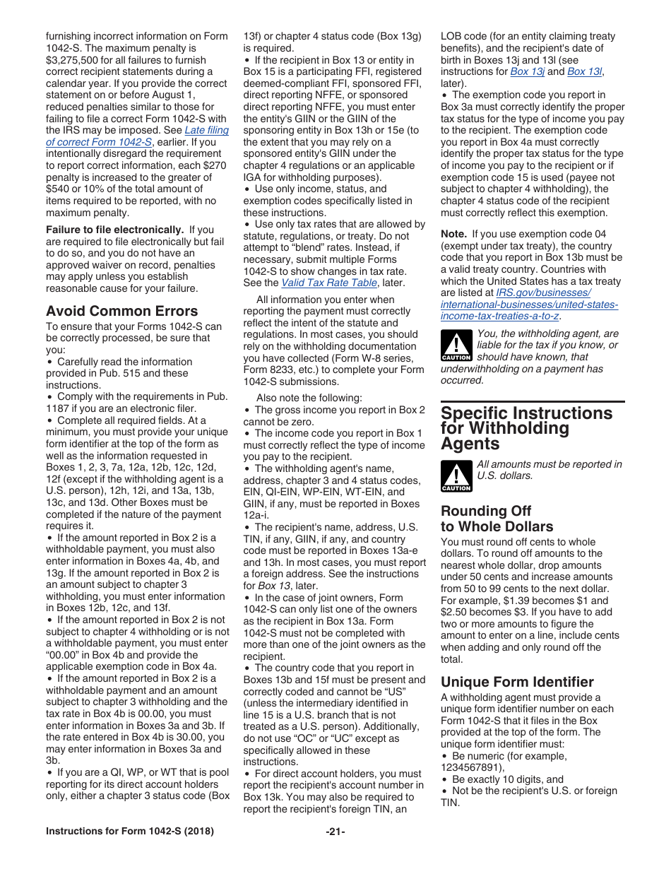 Instructions for IRS Form 1042-S Foreign Persons U.S. Source Income Subject to Withholding, Page 21