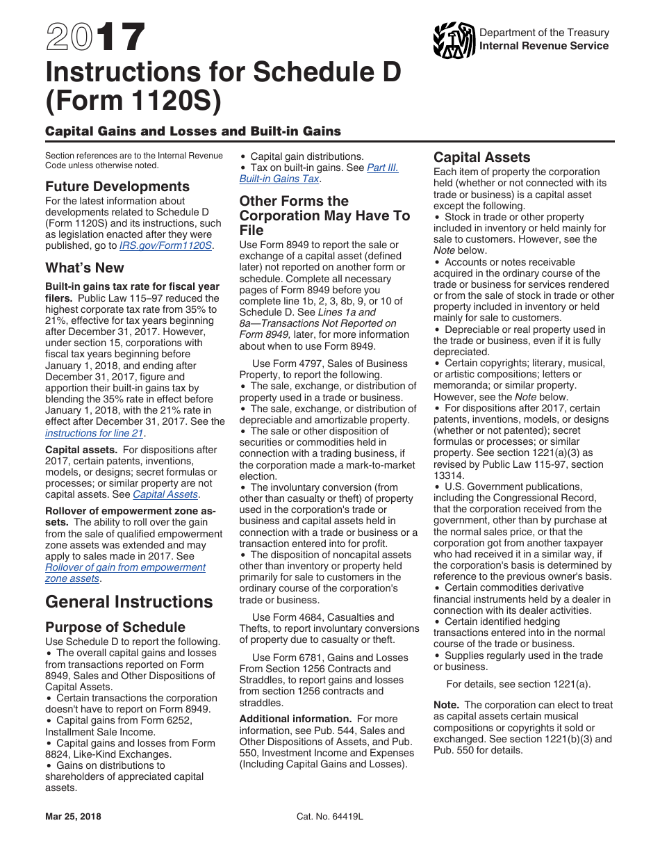 Instructions for IRS Form 1120S Schedule D Capital Gains and Losses and Built-In Gains, Page 1
