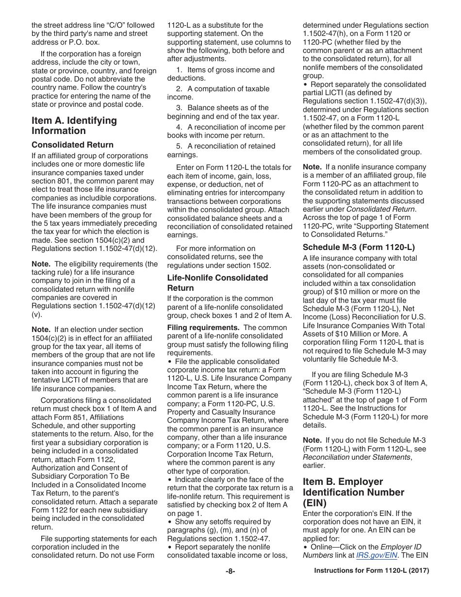 Instructions for IRS Form 1120-L U.S. Life Insurance Company Income Tax Return, Page 8