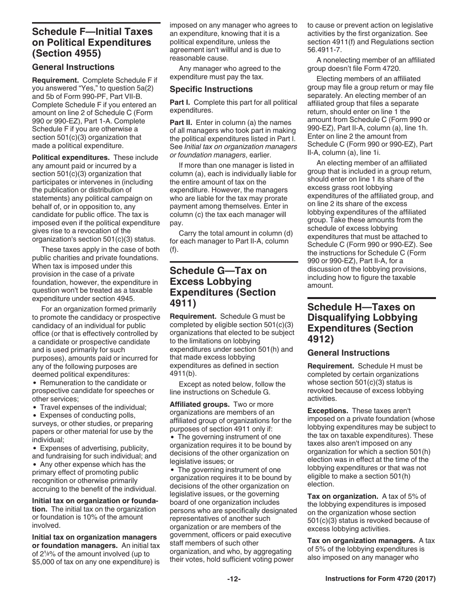 Instructions for IRS Form 4720 Return of Certain Excise Taxes Under Chapters 41 and 42 of the Internal Revenue Code, Page 12