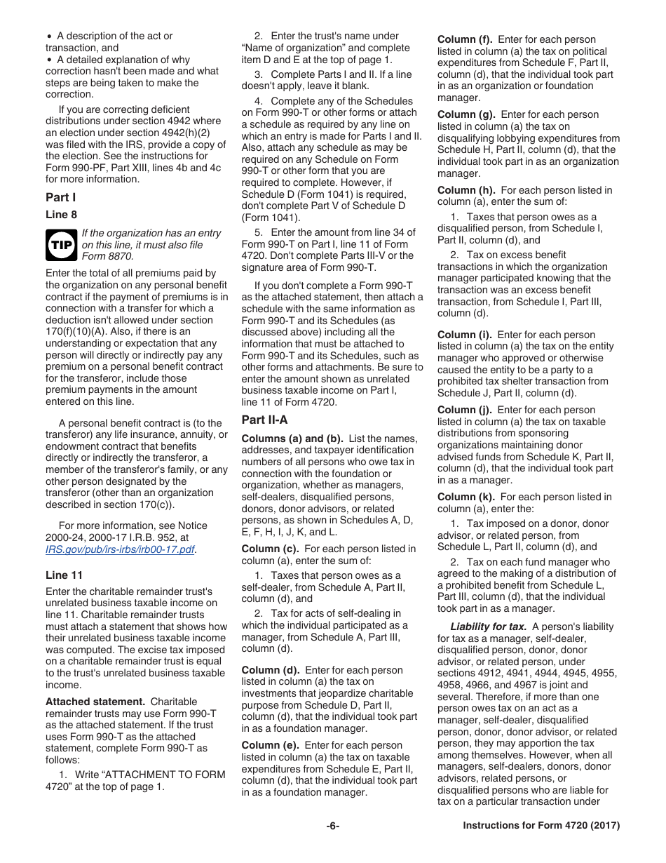 Instructions for IRS Form 4720 Return of Certain Excise Taxes Under Chapters 41 and 42 of the Internal Revenue Code, Page 6
