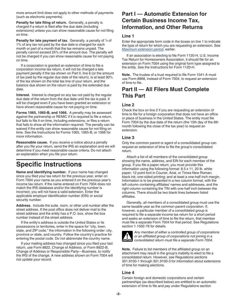 Instructions for IRS Form 7004 Application for Automatic Extension of Time to File Certain Business Income Tax, Information, and Other Returns, Page 2