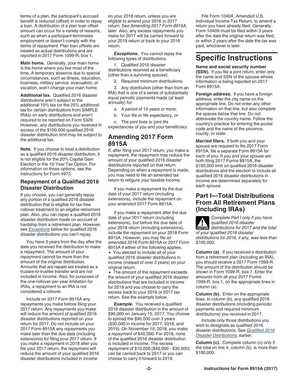 Instructions for IRS Form 8915A Qualified 2016 Disaster Retirement Plan Distributions and Repayments, Page 2