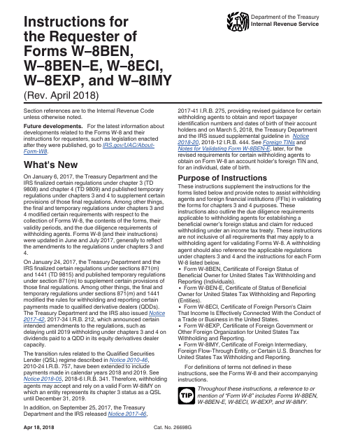 Instructions for IRS Form W-8BEN, W-8BEN-E, W-8ECI, W-8EXP, W-8IMY