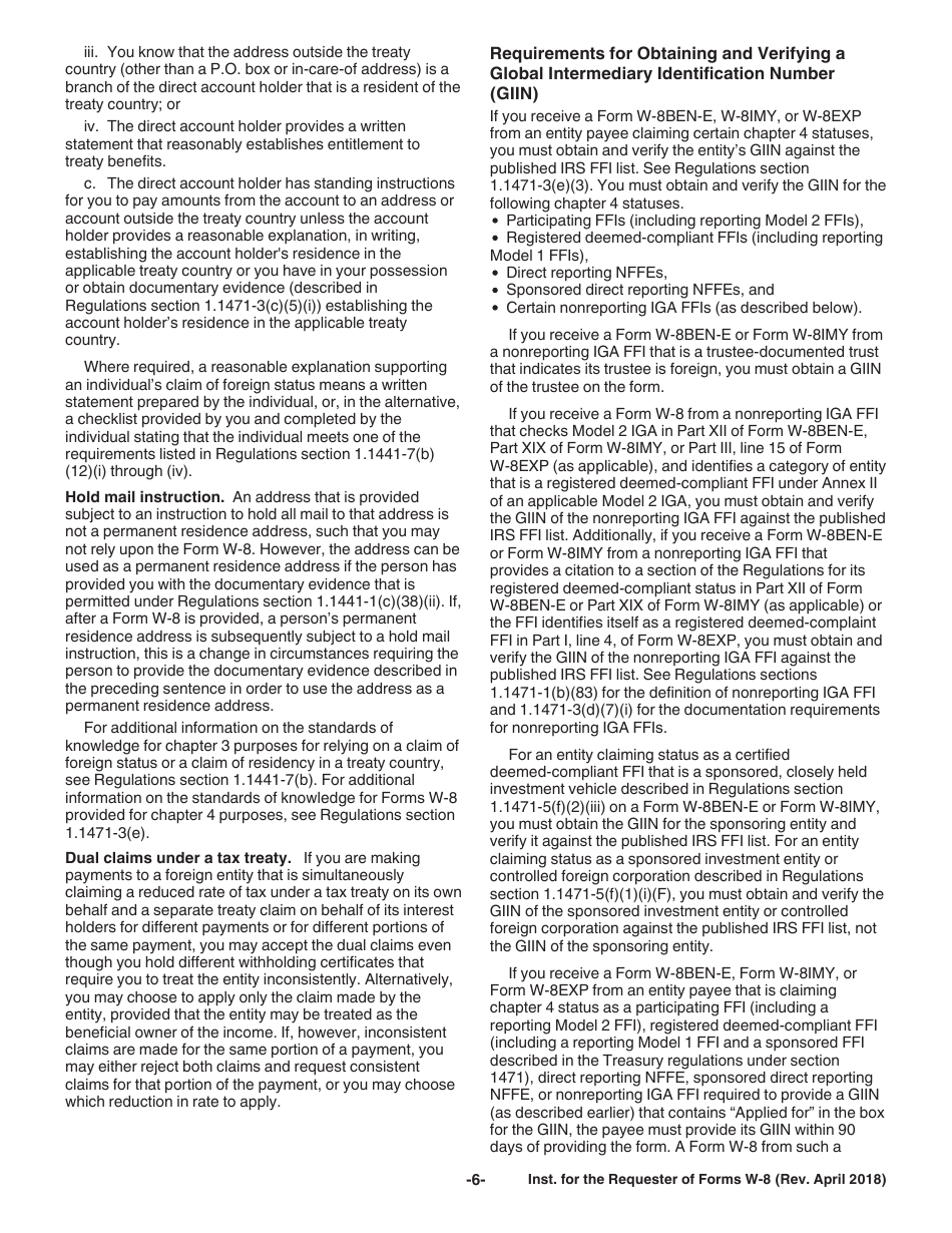 Instructions for IRS Form W-8BEN, W-8BEN-E, W-8ECI, W-8EXP, W-8IMY, Page 6