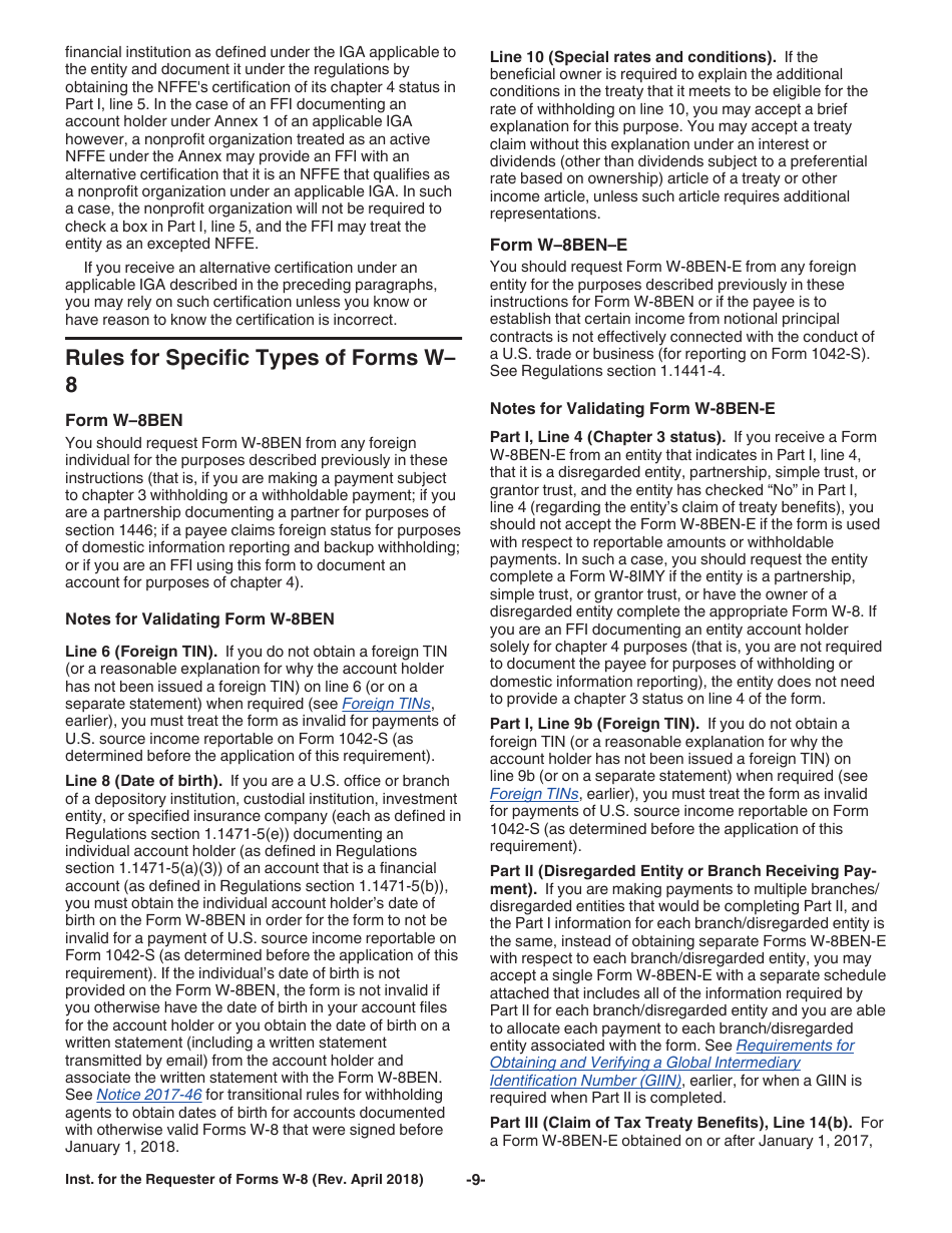 Instructions for IRS Form W-8BEN, W-8BEN-E, W-8ECI, W-8EXP, W-8IMY, Page 9