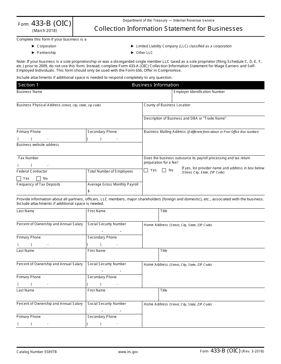 IRS Form 433-B (OIC) Download Fillable PDF or Fill Online Collection ...