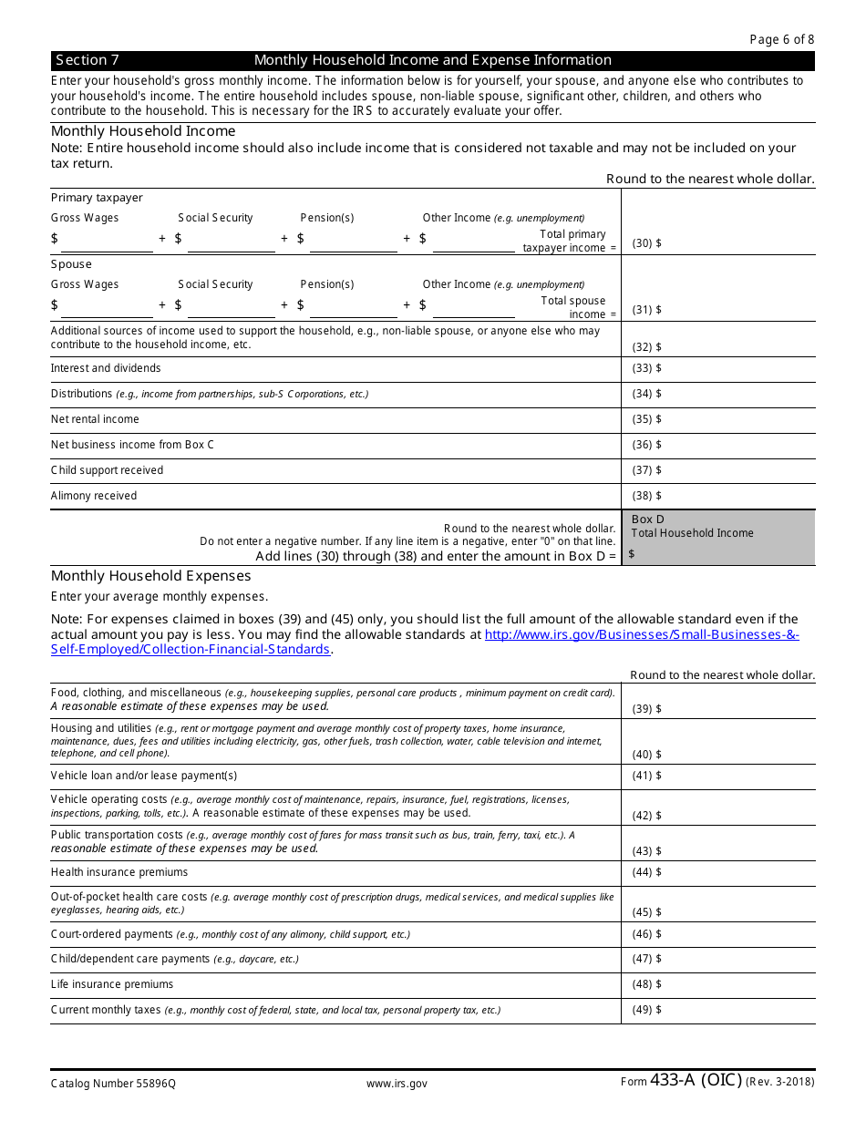 IRS Form 433-A (OIC) Collection Information Statement for Wage Earners and Self-employed Individuals, Page 6