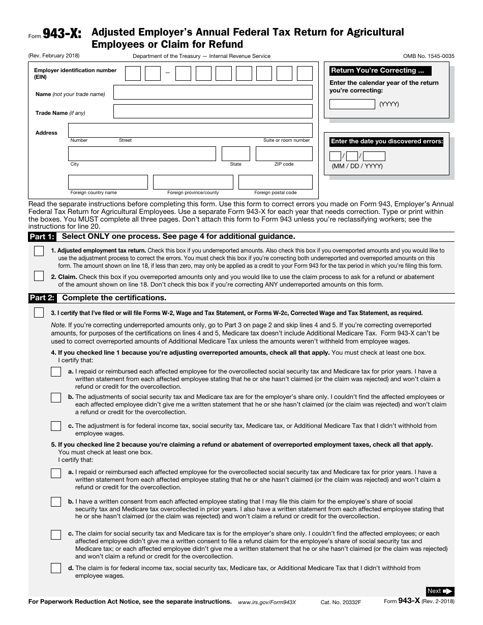 IRS Form 943-X Adjusted Employers Annual Federal Tax Return for Agricultural Employees or Claim for Refund, Page 1