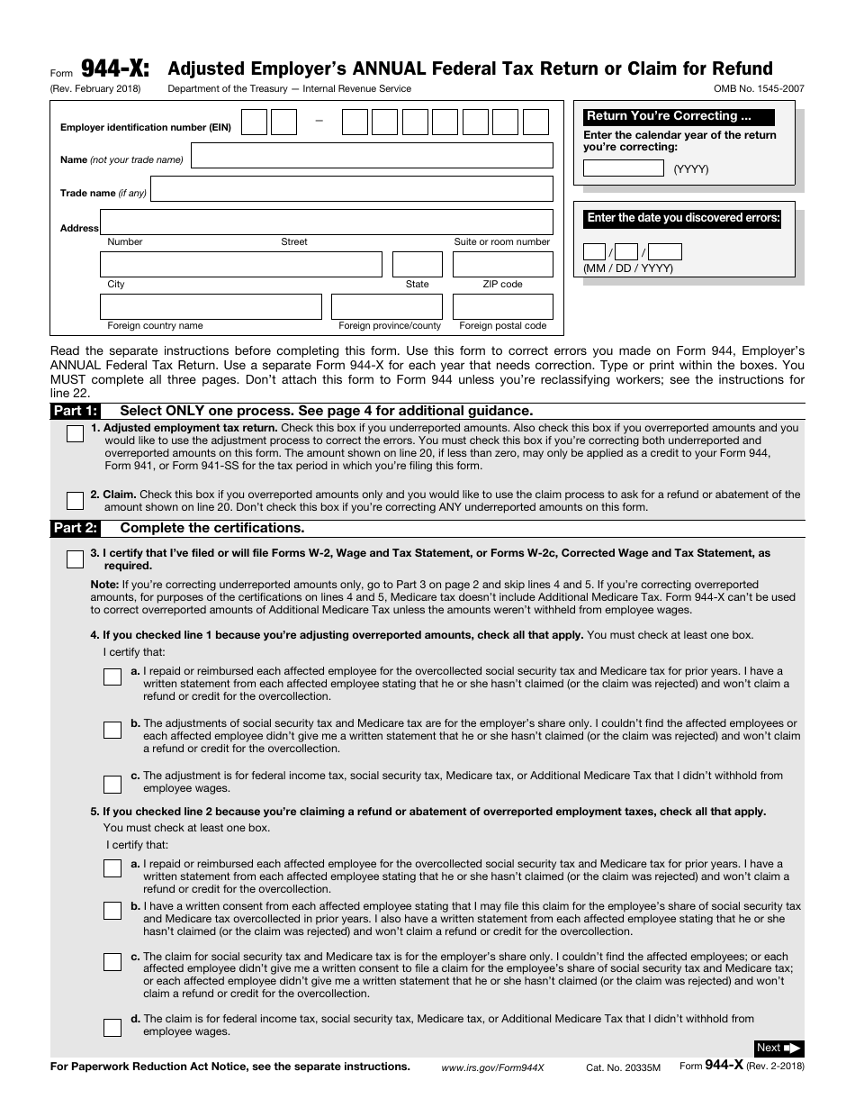 IRS Form 944-x Adjusted Employers Annual Federal Tax Return or Claim for Refund, Page 1