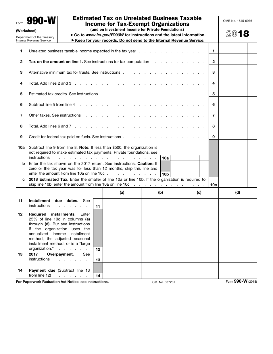 IRS Form 990-W Estimated Tax on Unrelated Business Taxable Income for Tax-Exempt Organizations, Page 1