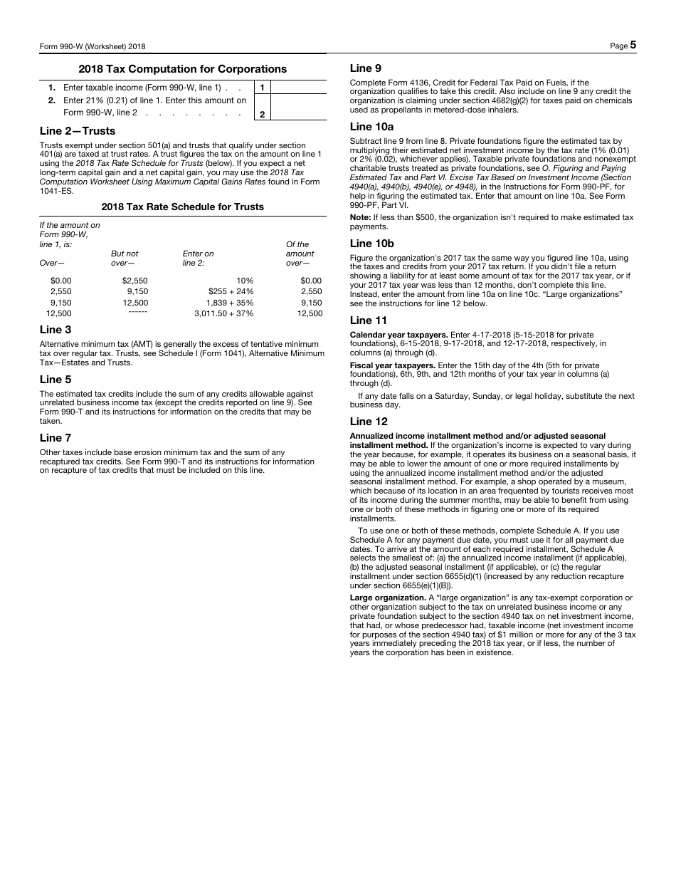 IRS Form 990-W Estimated Tax on Unrelated Business Taxable Income for Tax-Exempt Organizations, Page 5