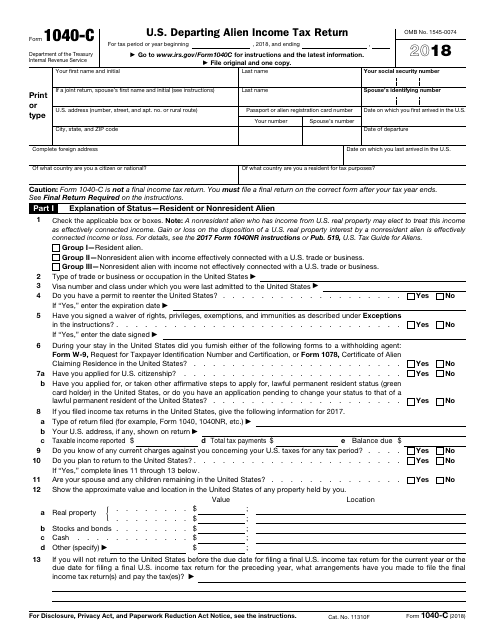 Irs Form 1040 C Download Fillable Pdf 2018 Us Departing Alien