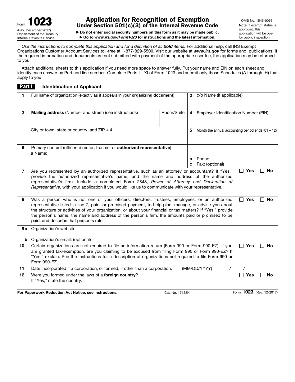 IRS Form 1023 Application for Recognition of Exemption, Page 1