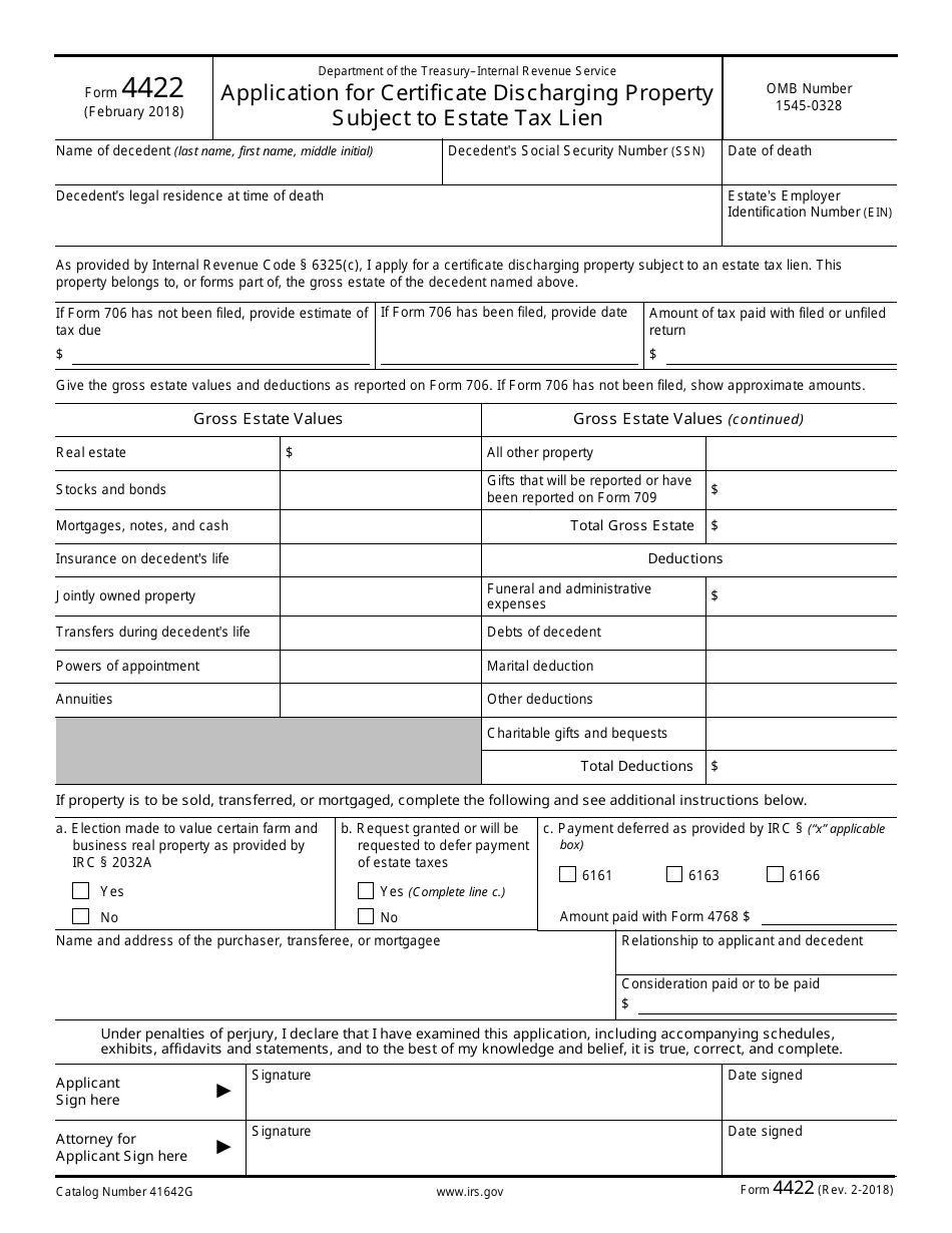 IRS Form 4422 Application for Certificate Discharging Property Subject to Estate Tax Lien, Page 1