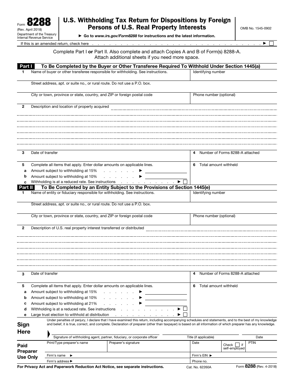 IRS Form 8288 U.S. Withholding Tax Return for Dispositions by Foreign Persons of U.S. Real Property Interests, Page 1