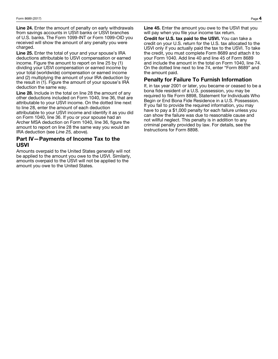 IRS Form 8689 Allocation of Individual Income Tax to the U.S. Virgin Islands, Page 4