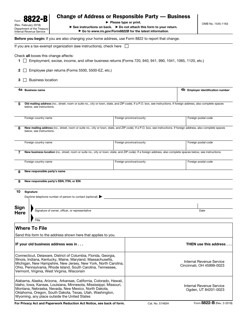 IRS Form 8822-b Change of Address or Responsible Party  Business, Page 1