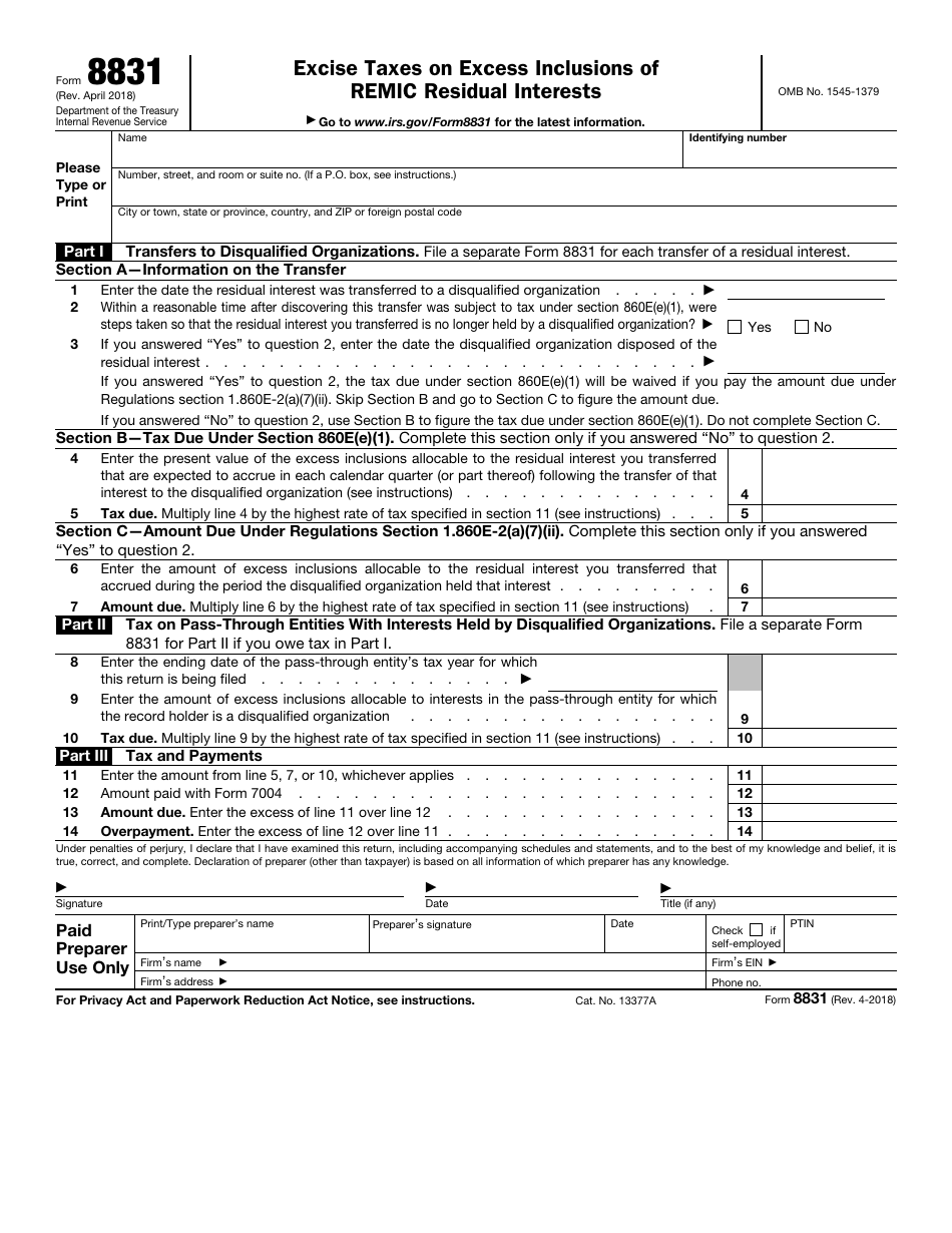 IRS Form 8831 Excise Taxes on Excess Inclusions of REMIC Residual Interests, Page 1