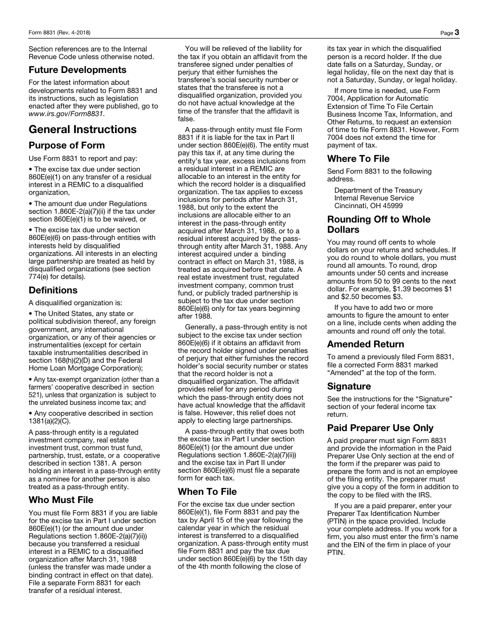 IRS Form 8831 Excise Taxes on Excess Inclusions of REMIC Residual Interests, Page 3