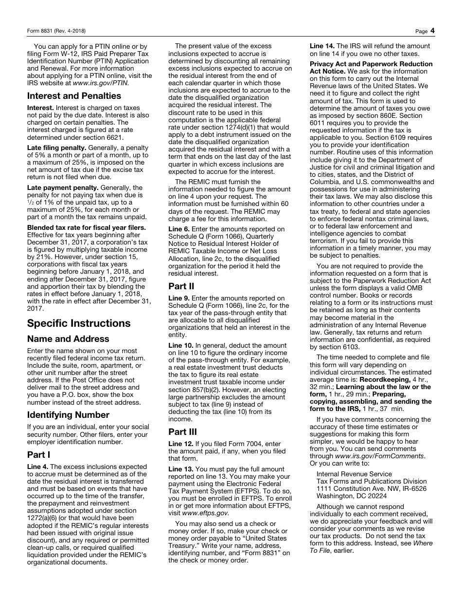 IRS Form 8831 Excise Taxes on Excess Inclusions of REMIC Residual Interests, Page 4
