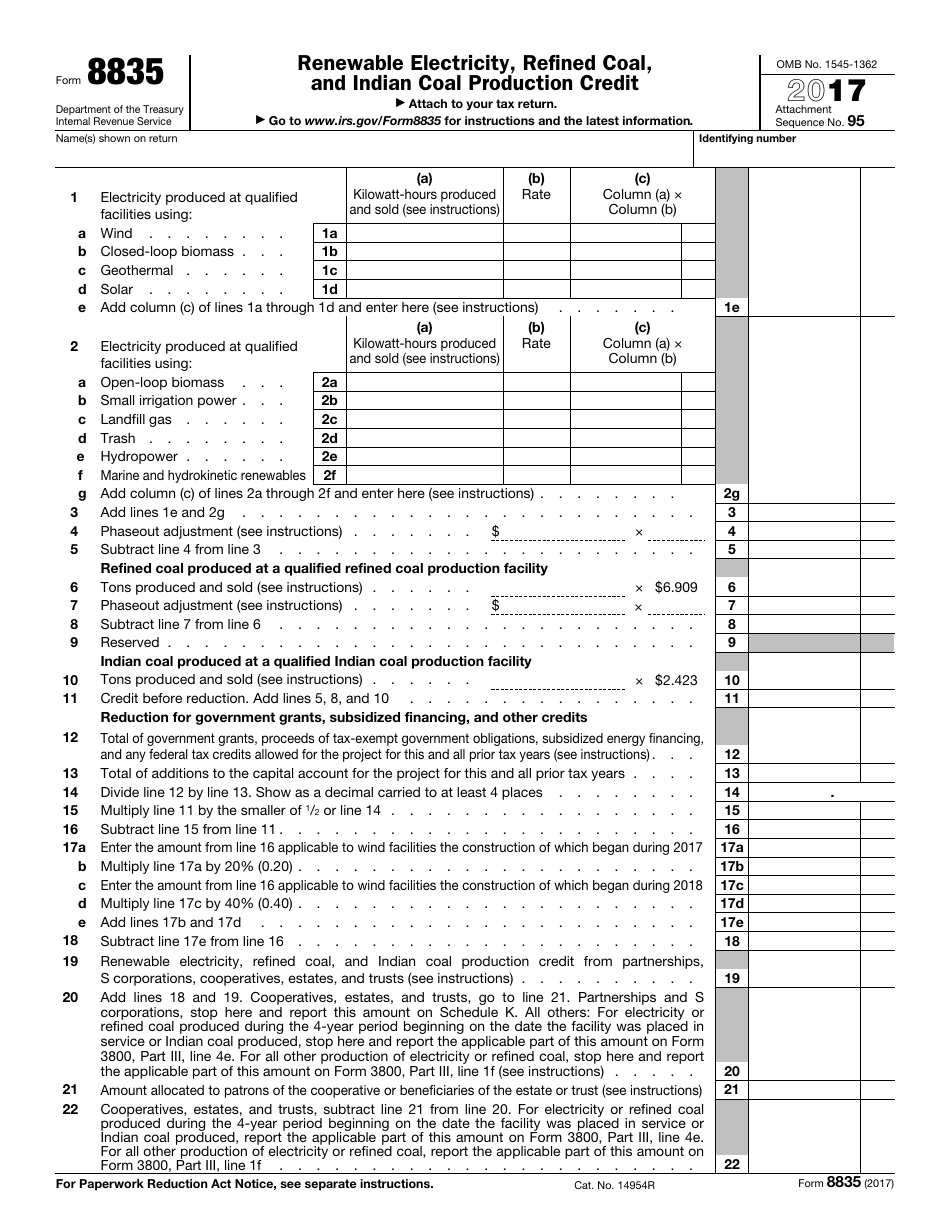 IRS Form 8835 Renewable Electricity, Refined Coal, and Indian Coal Production Credit, Page 1