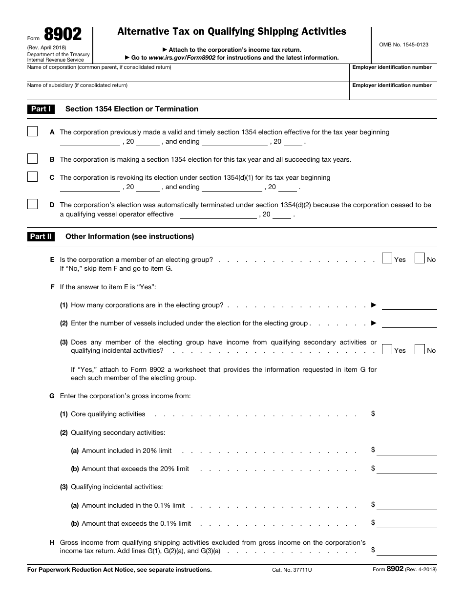 IRS Form 8902 Alternative Tax on Qualifying Shipping Activities, Page 1