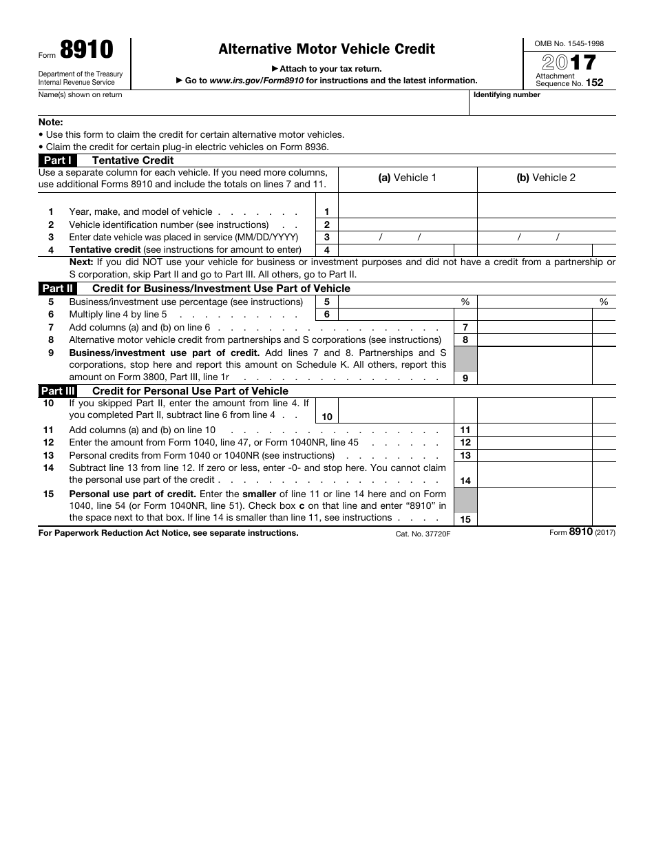 IRS Form 8910 Alternative Motor Vehicle Credit, Page 1