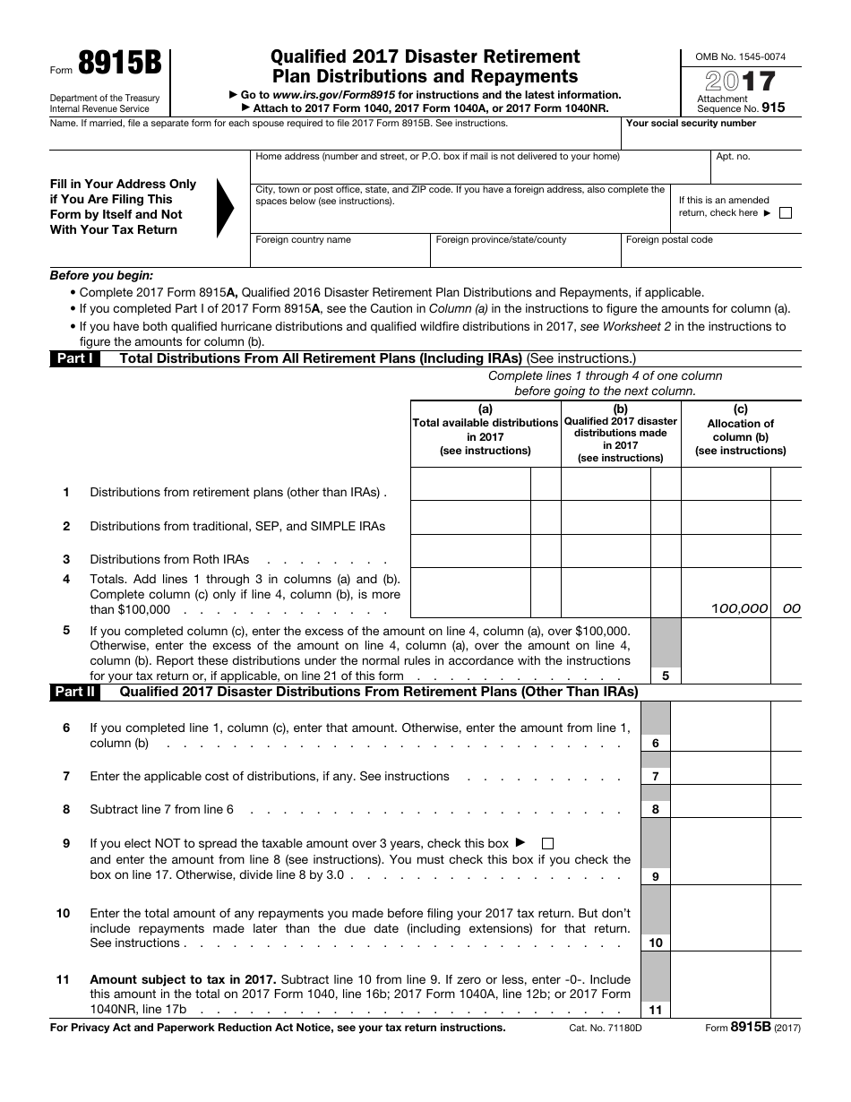 IRS Form 8915B Qualified 2017 Disaster Retirement Plan Distributions and Repayments, Page 1